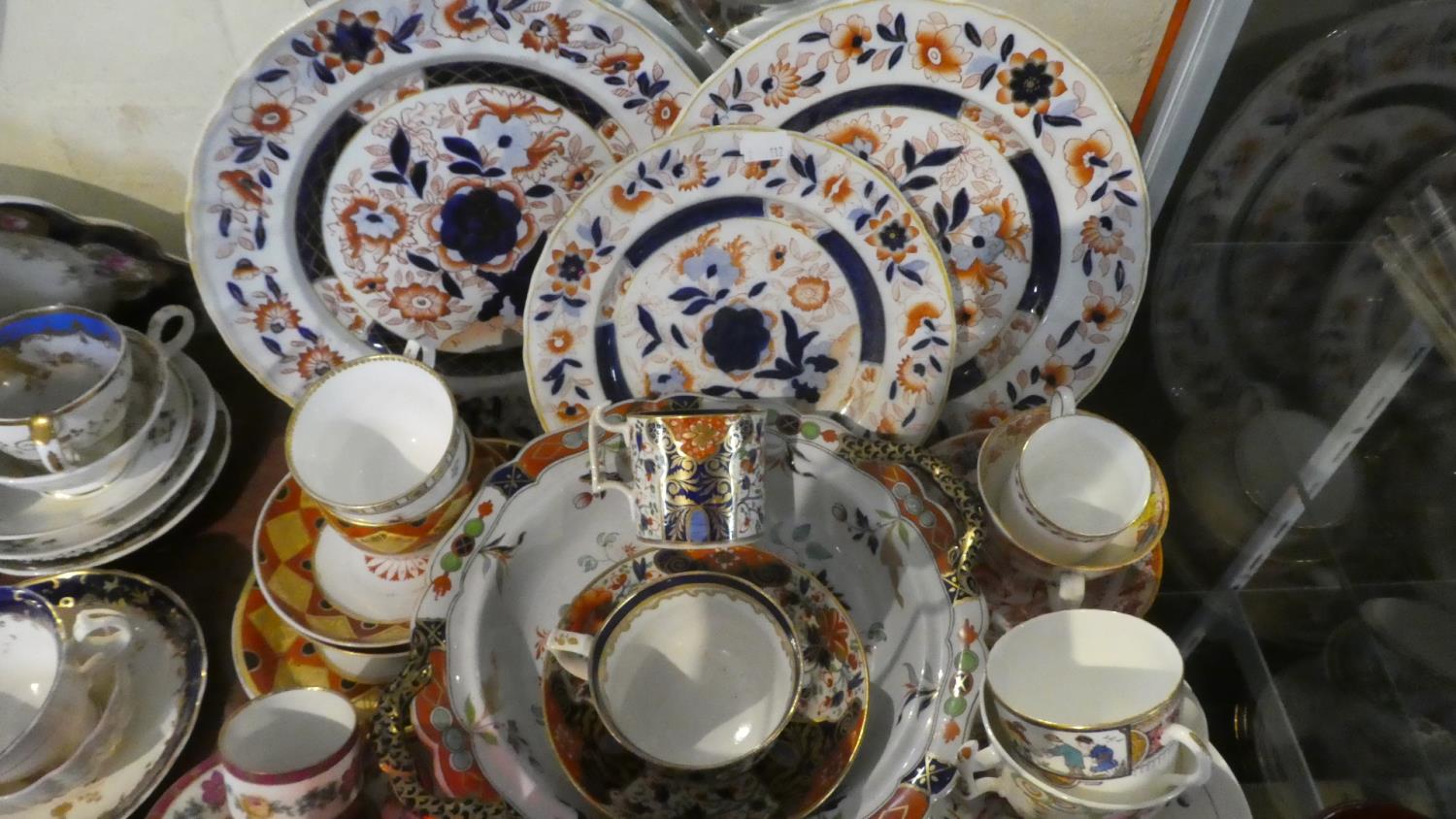 A Tray of Imari Pattern Ceramics to Include Teacups and Saucers, Plates and Bowls, Coffee Cans and