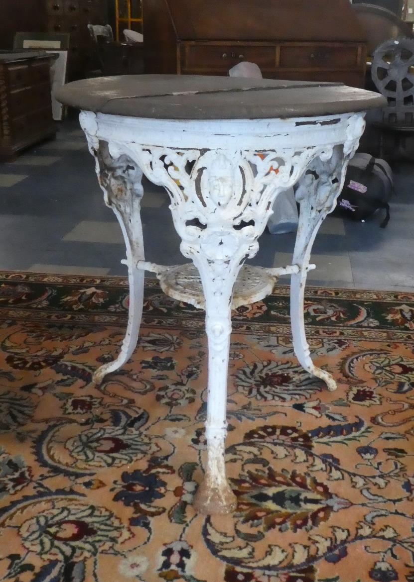 A Victorian White Painted Cast Iron Pub Table with Circular Wooden Top (AF), Stretcher Shelf