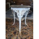 A Victorian White Painted Cast Iron Pub Table with Circular Wooden Top (AF), Stretcher Shelf
