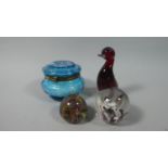 A Collection of Two Glass Paperweights, Blue Glass Powder Box with Painted Bird Decoration and a