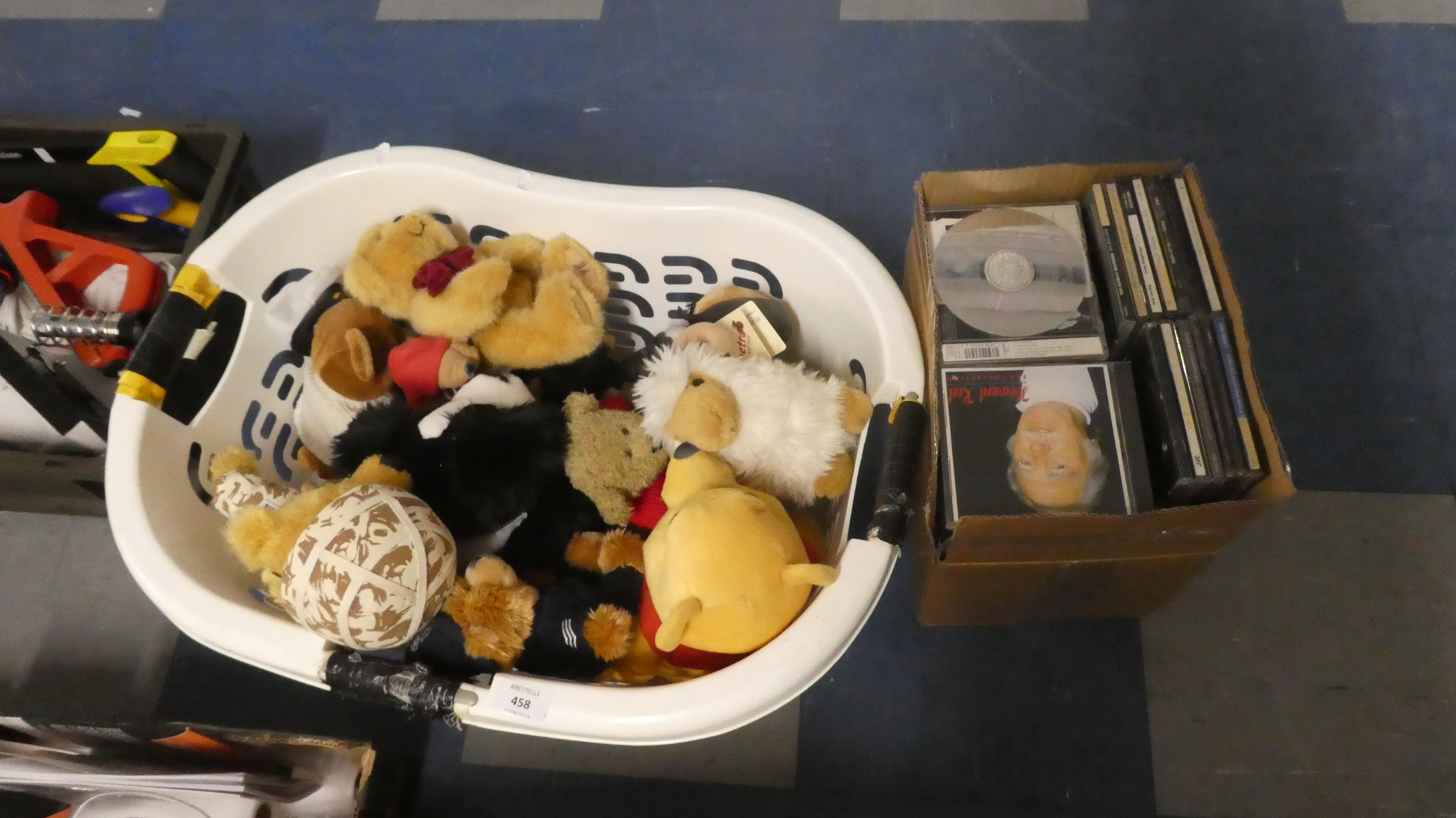 A Box Containing Various Modern Teddy Bears and Soft Toys and A Collection of Various CD's.