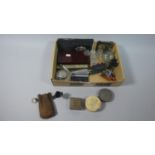 A Tray of Curios to Include Various Inkwells, Diecast Toys, Cheshire Regiment Badge, Twelve
