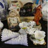 A Tray of Ceramics to Include Continental Figural Ornament, Limited Edition Lamplight Lane Mantle
