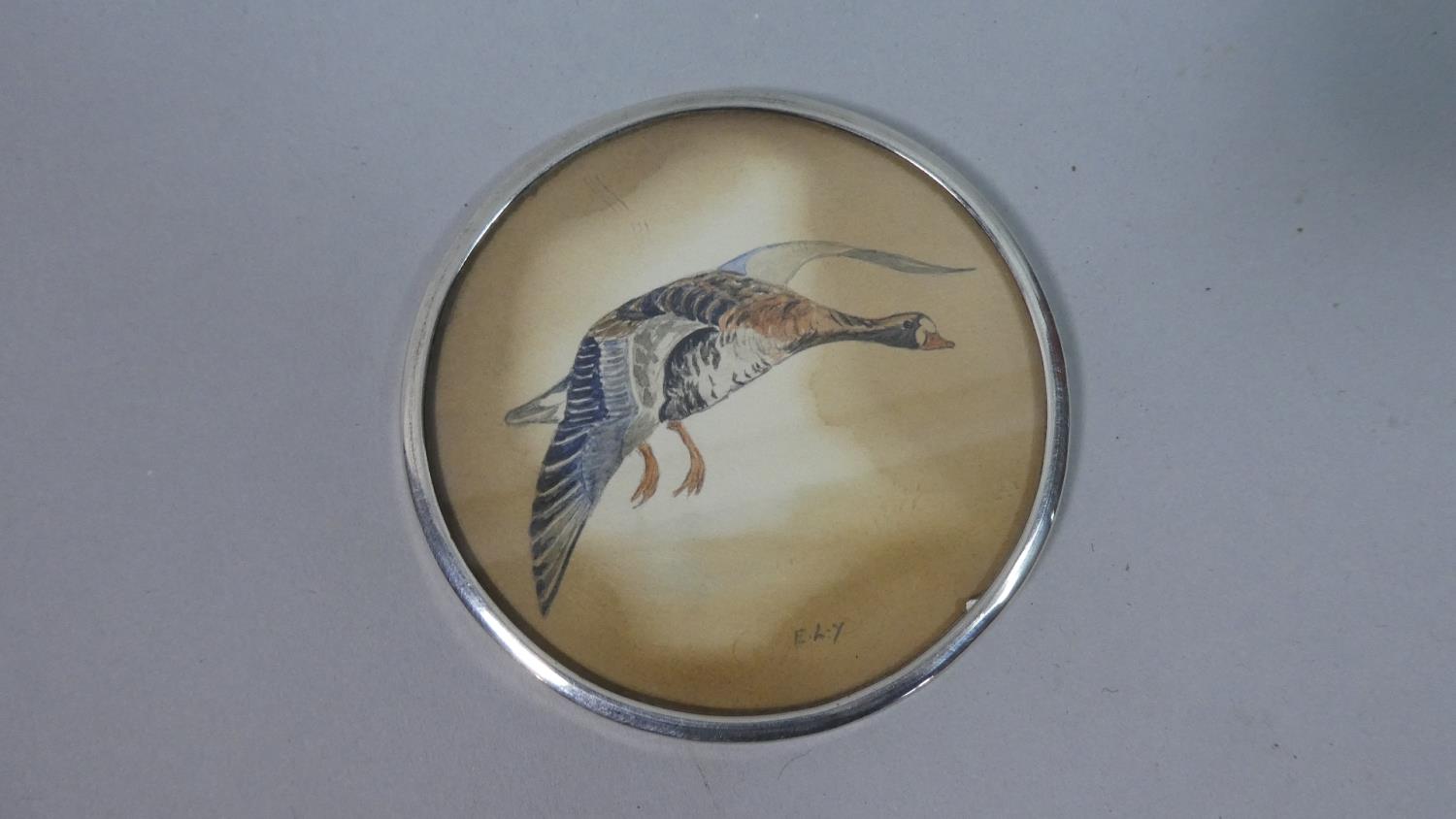 A Silver Mounted Water Colour of a Goose, 8.5cm Diameter, Birmingham 1909