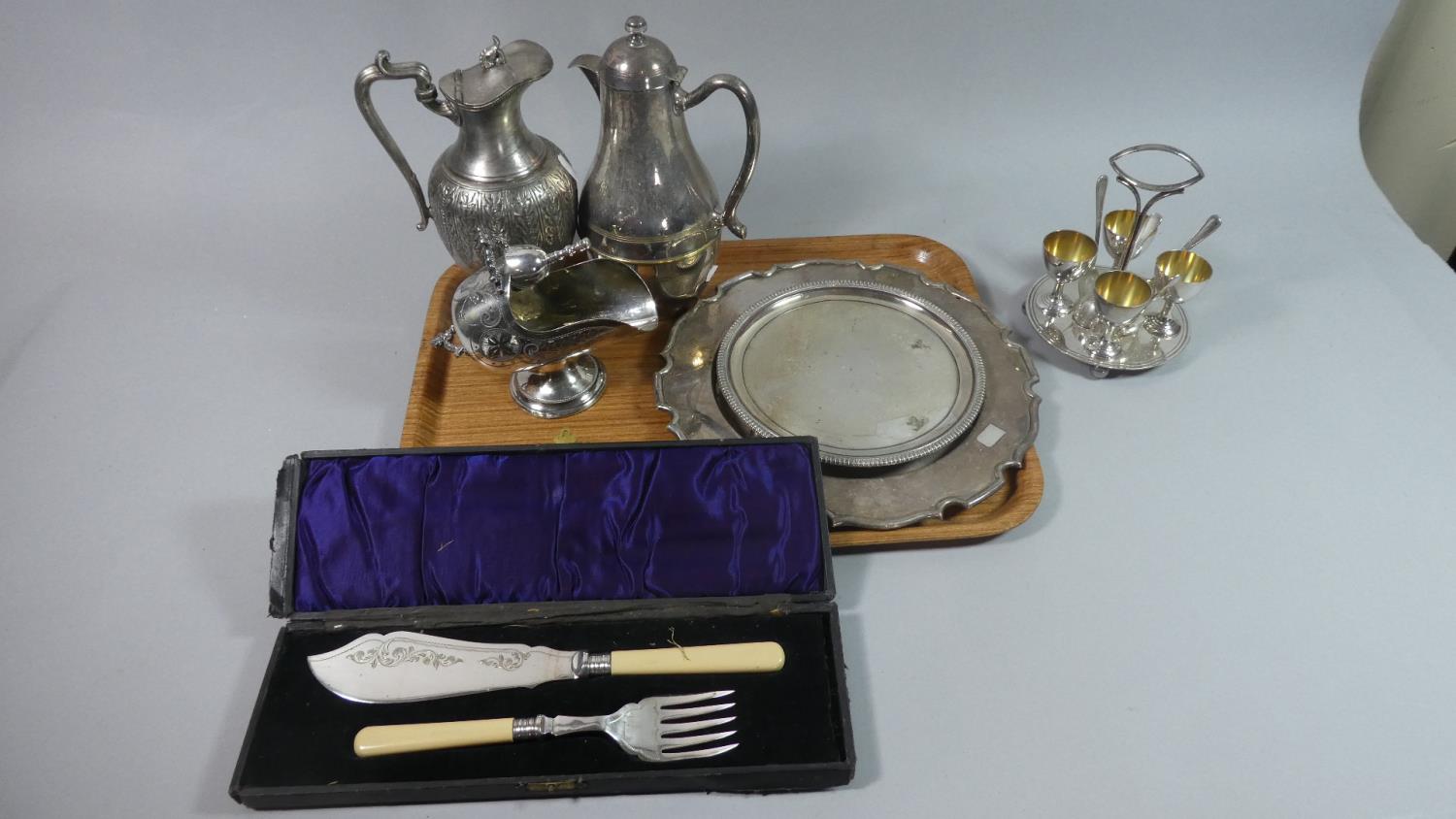 A Tray of Silver Plate to Include Helmet Shaped Sugar Bowl, Egg Cruet, Fish Servers, Hot Water