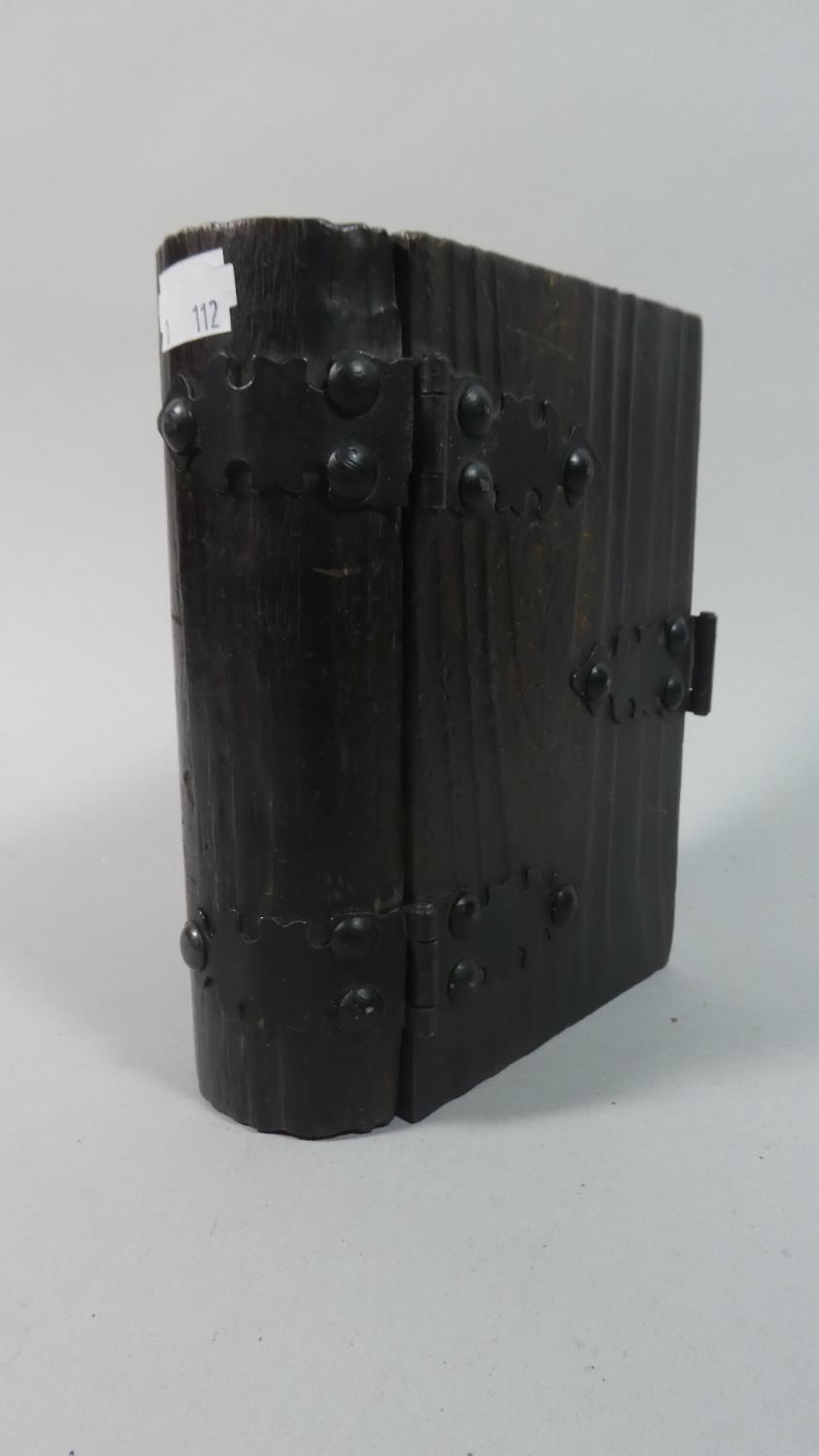 A Small Iron Mounted Wooden Box in the Form of a Book with Clasp, 18cm High - Image 2 of 3