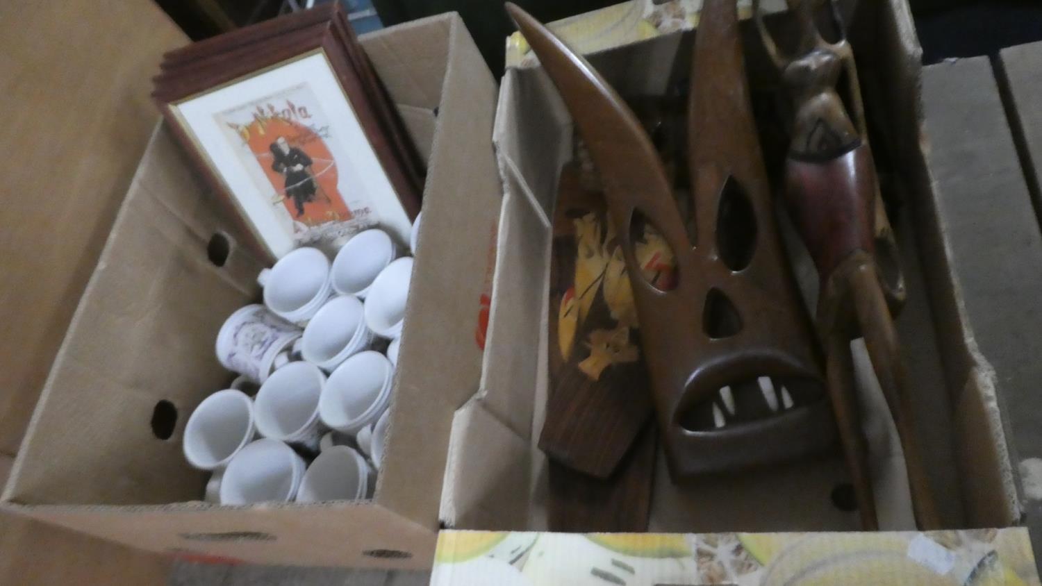 Box Containing Souvenir Tribal Ornaments Together with a Box of Denby Tankards, Prints etc