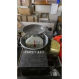 A Tray of Metalwares to Include Aluminium Cooking Pan, Brass Jam Pan, Metal First Aid Box, Kitchen