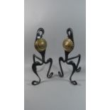 A Pair of Brass Metal Wrought Iron Fire Dogs, Each 46cm high