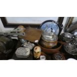 A Tray of Treenware to Include Silver Plate Mounted Biscuit Barrel, Two Russian Dolls, Carved Wooden