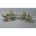 Two Continental Bisque Figural Groups Depicting Cow Pulling Cart with Lady and Gent, Set on Scrolled