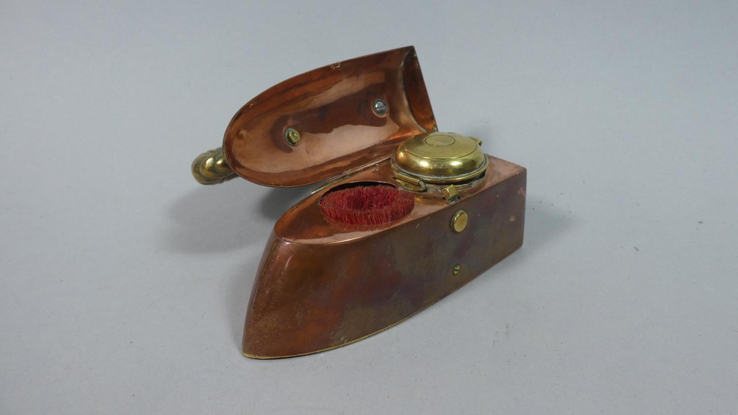 An Unusual Edwardian Copper and Brass Novelty Inkwell and Paperweight in the Form of a Flat Iron, - Image 2 of 3