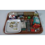 A Tray of Curios to Include Plastic Robot Toy, Globe Lighter, Vintage Razors, Coins etc