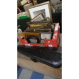 A Box of Various Pictures Frames, Violin Case Containing Bow