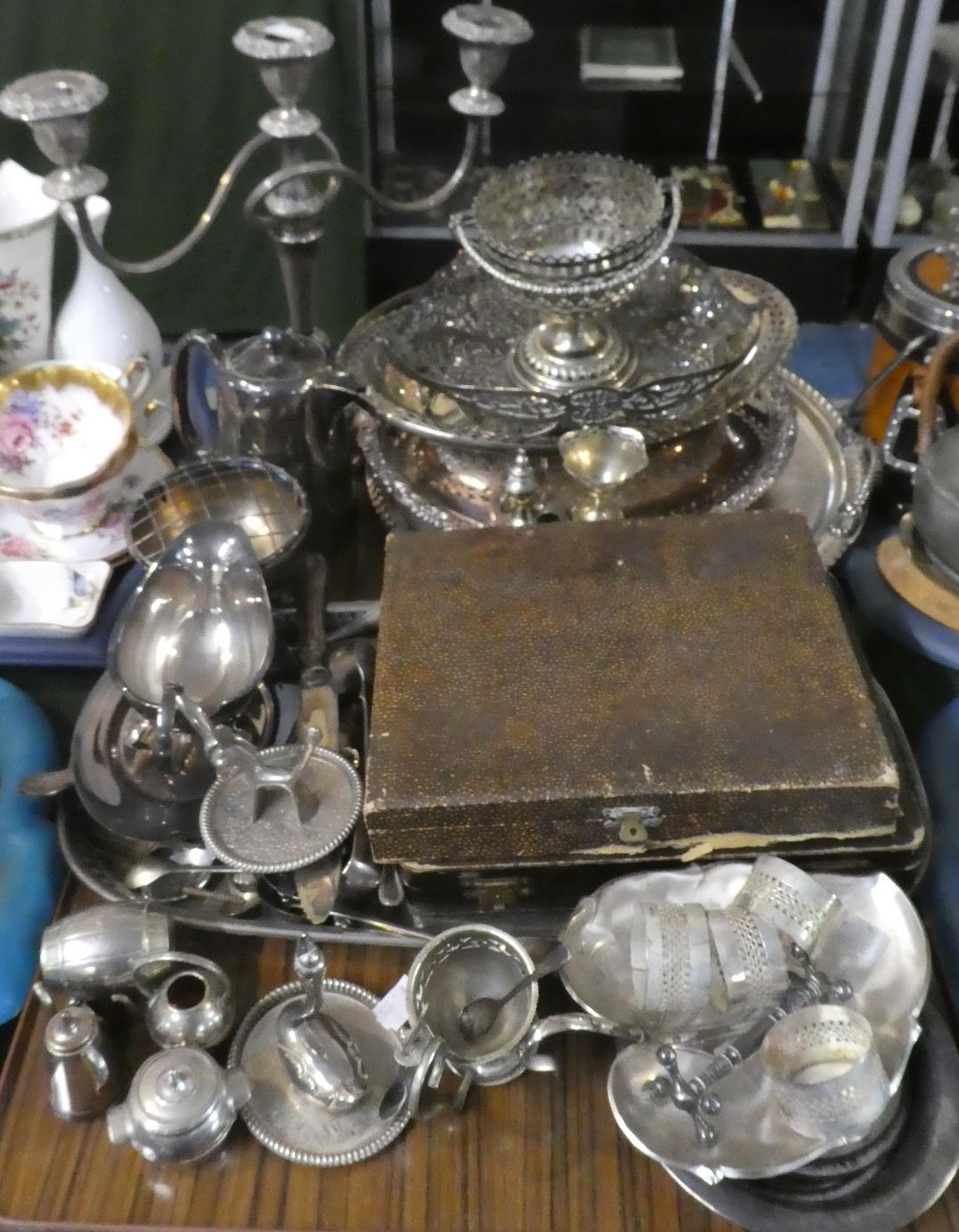 A Large Tray Containing Various Silver Plate Ware to Include Trays, Candelabra, Sauceboat,