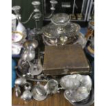 A Large Tray Containing Various Silver Plate Ware to Include Trays, Candelabra, Sauceboat,