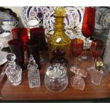 A Tray of Coloured and Plain Glassware to Include Overlaid Amber Glass Decanter
