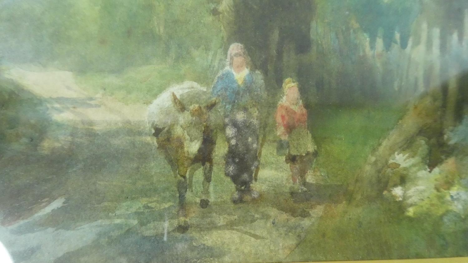 A Pair of Gilt Framed Water Colours Depicting Lady and Child with Donkey and River Bridge, Each 26cm - Image 3 of 6