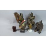 A Collection of Six Far Eastern Carved Wooden Figures to Include Pegasus, Lion, Buddha, Bird,