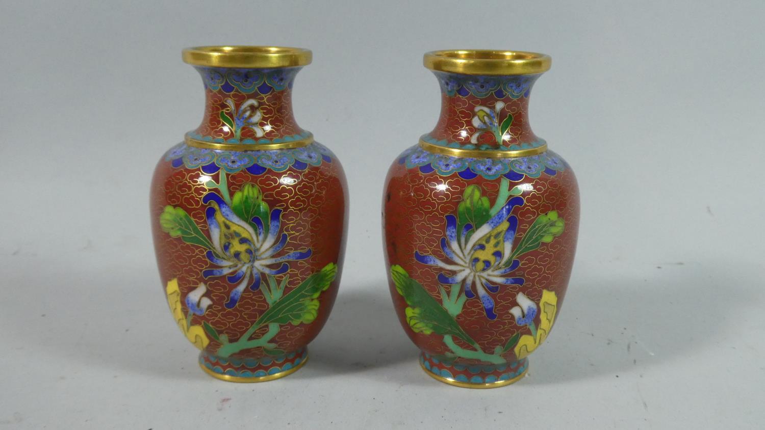 A Pair of Small Oriental Cloisonne Enamel Vases with Floral Decoration, 10.5cm High