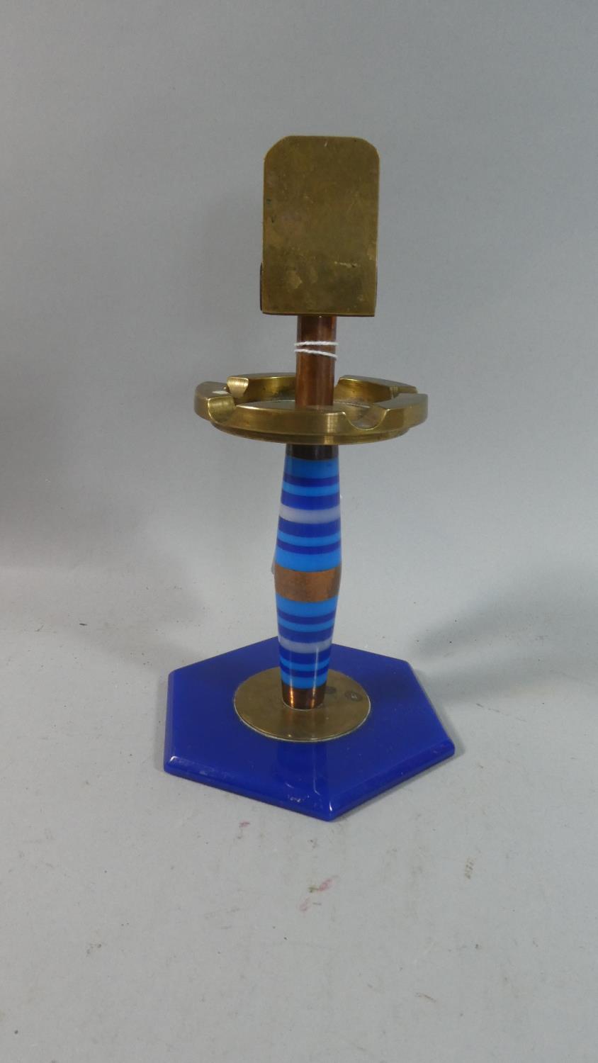 A Vintage Brass Match Box Holder/Ashtray on Hexagonal Stand with Banded Turned Support, 20cm high