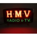 A 1960's Neon Advertising Sign, HMV Radio and TV on Three Ball Feet, Rewired and in Working Order,