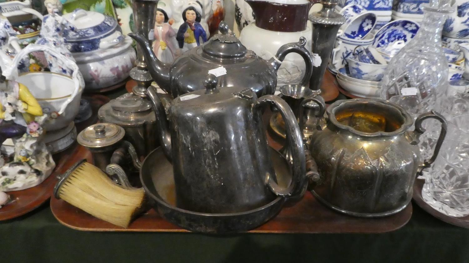 A Tray of Silver Plate to Include Teapots, Sugar Bowl, Pair of Candle Sticks etc