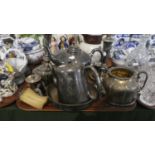 A Tray of Silver Plate to Include Teapots, Sugar Bowl, Pair of Candle Sticks etc