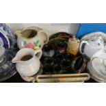 A Tray of Various Mid 20th Century Treacle Glazed Jugs, Vases, Preserve Pots etc