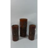 One Large and Pair of Smaller Carved Oriental Bamboo Brush Pots, 21cm and 28cm High