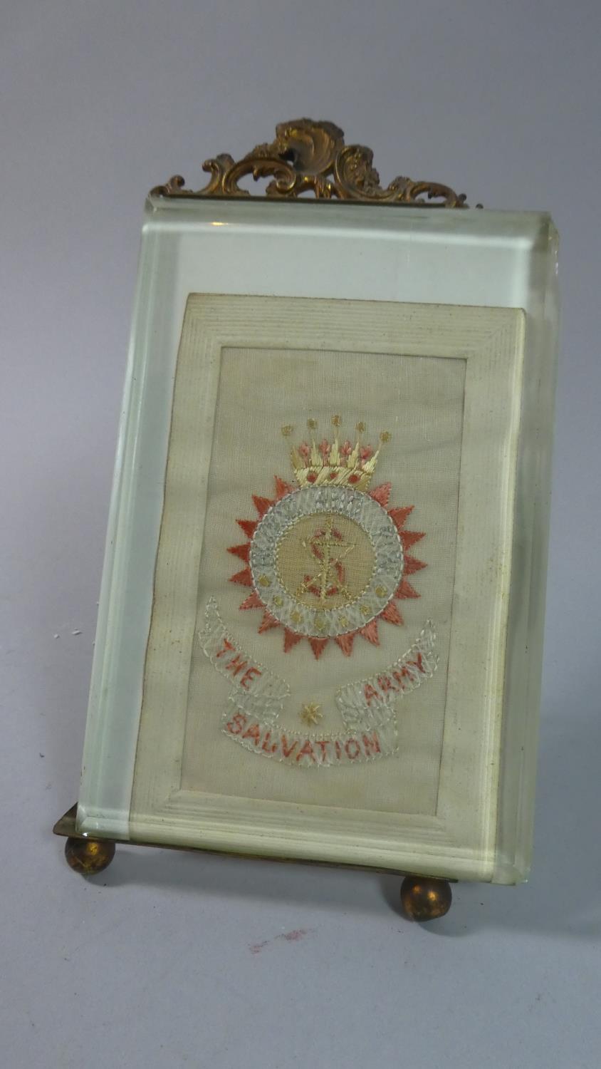 An Easel Back Gilt Mounted Photo Frame Containing Silk Postcard, The Salvation Army, 21cm High