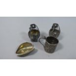 A Collection of White Metal Items to Include Miniature Tankard, Two Baskets, Mussel Shell Box etc