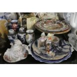 A Tray of Ceramics to Include Oriental Vases, Blue and White Plates, French Ceramic Inkstand,