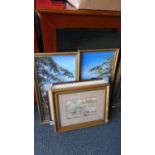 A Pair of Oils on Board Depicting Alpine Lakes, Framed Water Colour and a Framed Print, Apple