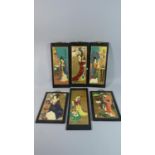 A Collection of Six Oriental Rectangular Wooden Lacquered Wall Hanging Panels Depicting Maidens,