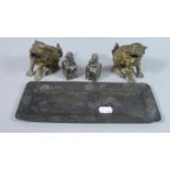 A Collection of Oriental Bronze to Include Rectangular Tray, Pair of Foo Dogs and a Pair of Seals