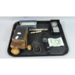 A Tray Containing Various Coins, Vintage £1 and 10 Shilling Bank Notes, Pens, Lion Mask Door