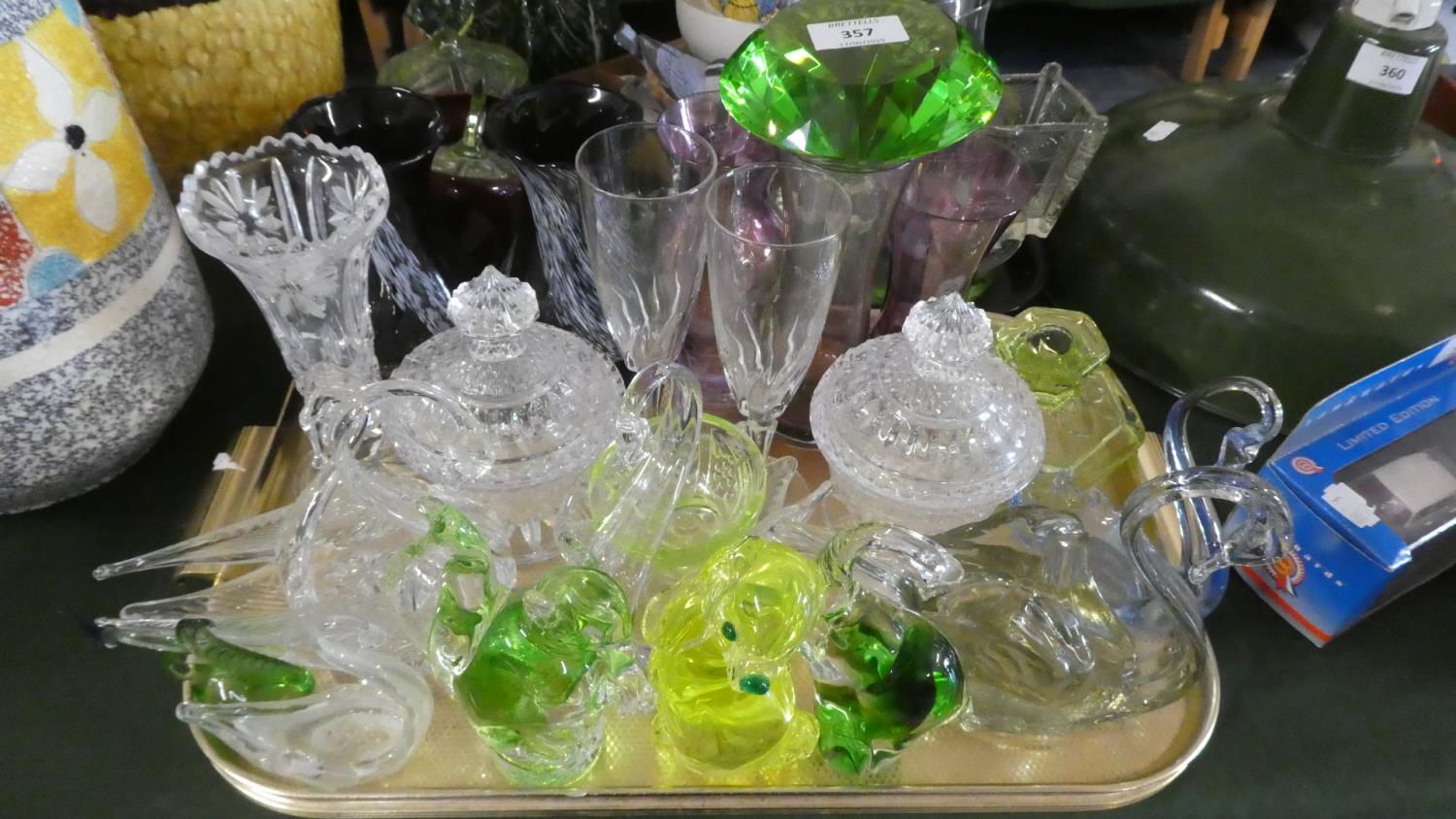 A Tray of Coloured and Plain Glassware