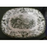 A 19th Century Green and White Meat Plate Decorated with Alpine Scenes, 53cm Wide