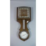 An Art Deco Oak Wall Hanging Weather Station with Clock, Aneroid Barometer and Thermometer, Clock