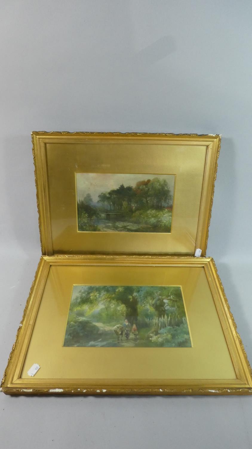 A Pair of Gilt Framed Water Colours Depicting Lady and Child with Donkey and River Bridge, Each 26cm