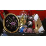 A Box Containing Pillar Clock, Painting on Velvet, Storage Jars, Cutery, Costume Jewellery