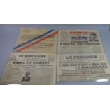 A Collection of Four WWII French Newspaper Front Pages c.1942-1945 to Include Patrie, Le Popular, Le