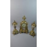 A Reproduction Brass French Style Clock Garniture with Printed Porcelain Panels and Vase Garnitures,