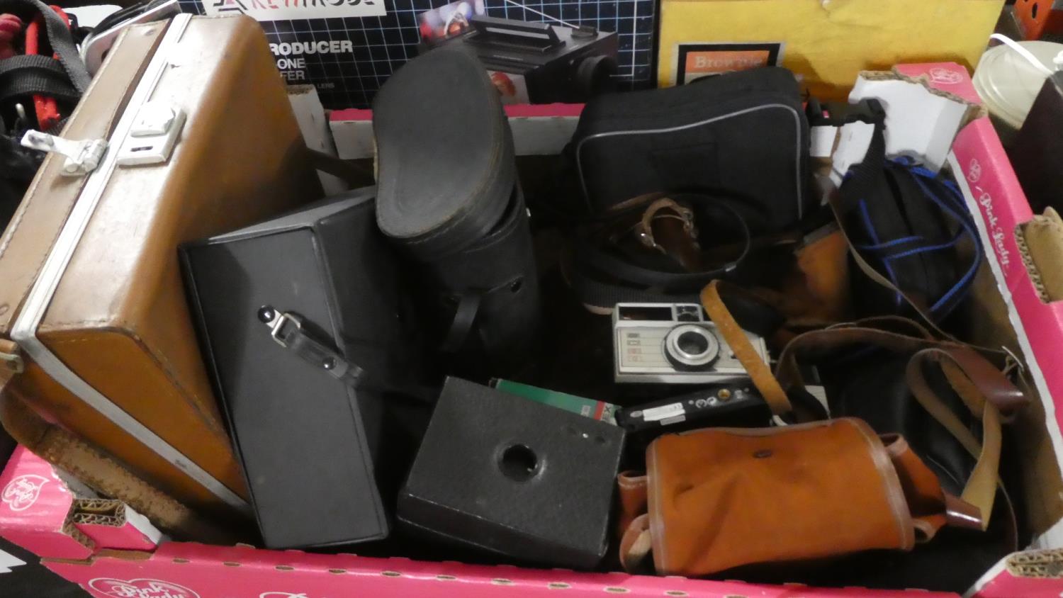 A Box Containing Various Binoculars, Cameras etc