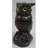 A Late 19th Century Carved Wooden Black Forest Inkwell in the Form of an Owl with Hinged Head, Glass