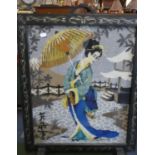 An Ebonised Framed Tapestry Firescreen Depicting Oriental Lady with Parasol, 87cms High