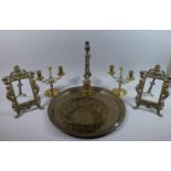 A Large Brass Charger, Brass Table Lamp, Pair of Brass Two Branch Candelabra, Pair of Brass Easel