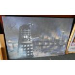 A Mounted but unframed Simon Watson Dr Who Print Signed by Katy Manning and Colin Baker Depicting