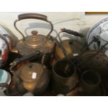 A Tray Containing Various Copper Kettles, Chestnut Roaster, Cider Warmers Etc